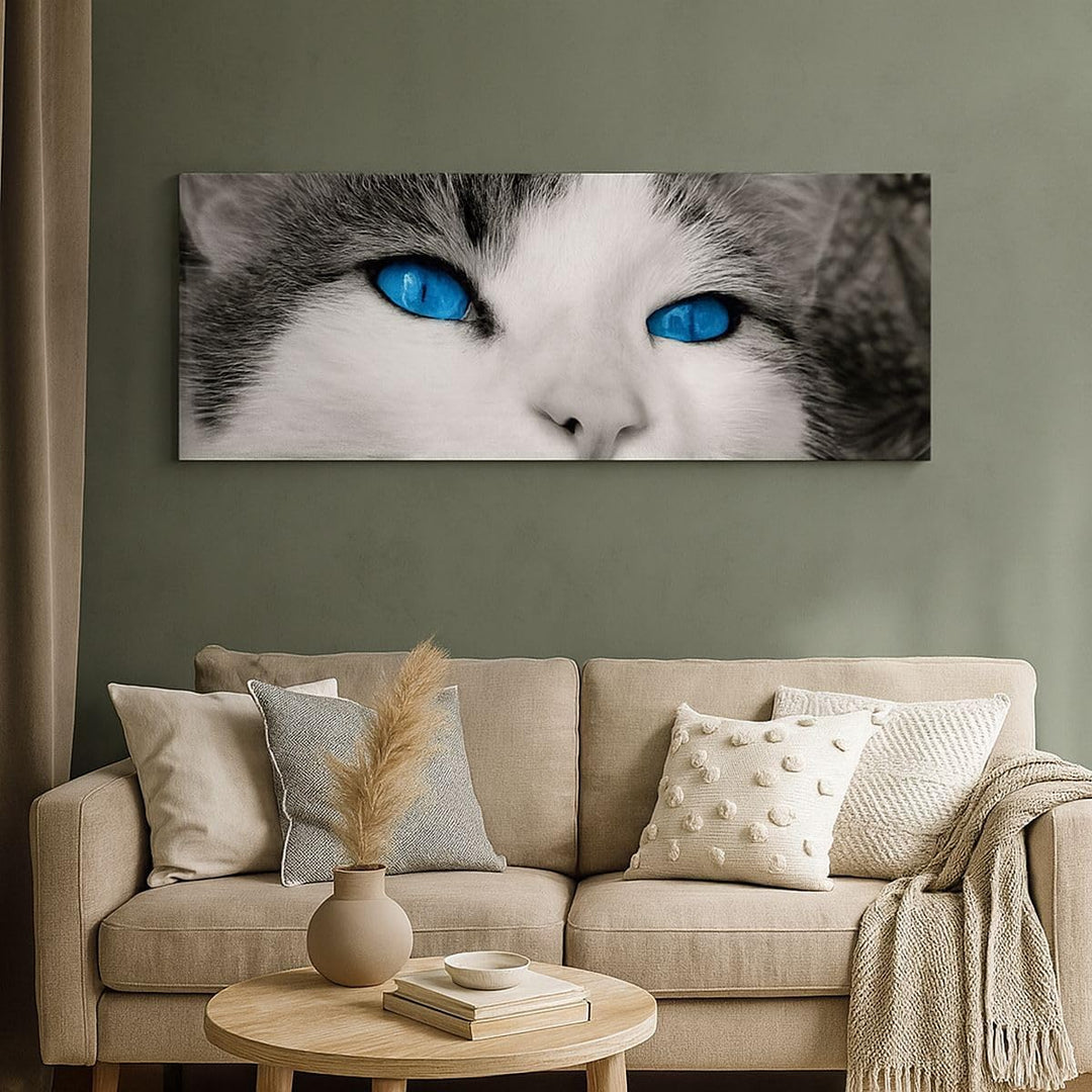 Wandbilder Dekoration Wohnzimmer Katze Tiere blaue Augen Panorama Bilder auf Leinwand 120x50cm Leinw