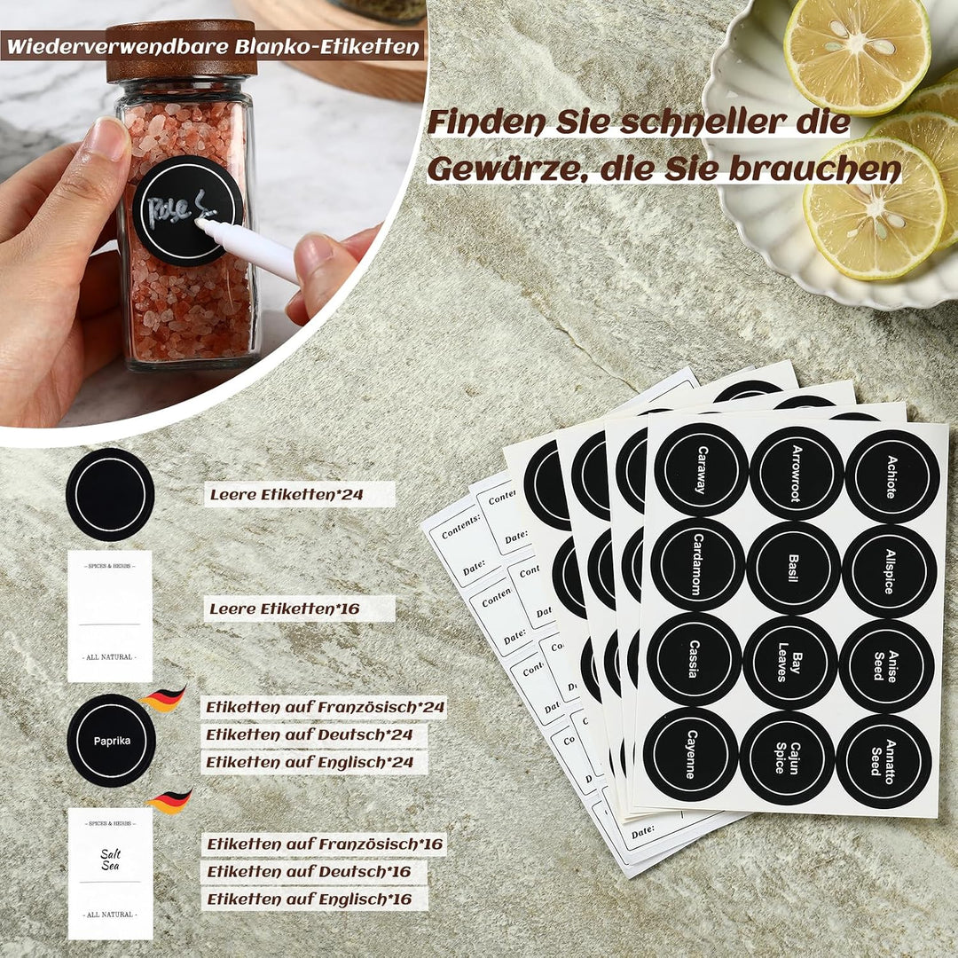 Gewürzgläser aus Glas und Holz, eckig, 24 × 120 ml Gewürzgläser-Set mit Akazienholzdeckel Aufbewahru