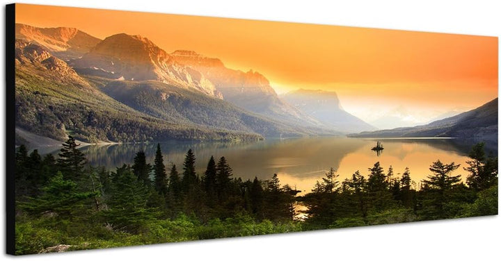 Paul Sinus Art Panoramabild auf Leinwand und Keilrahmen 120x40cm Nationalpark Bergsee Berge Wald Abe