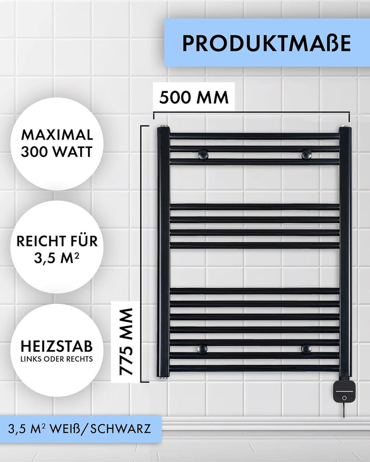 anapont elektrischer Badheizkörper 775x500 weiss gerade | Timer-Funktion, Made in Germany, optionale
