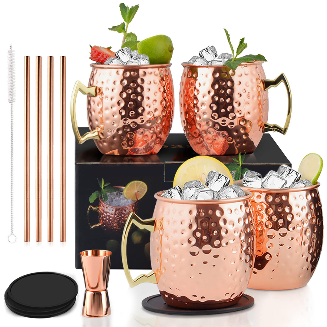 Yoassi Moscow Mule Becher, 4er Set Kupferbecher Moscow Mule Mug Kupfer Becher ink. 4 x Silkon Unters