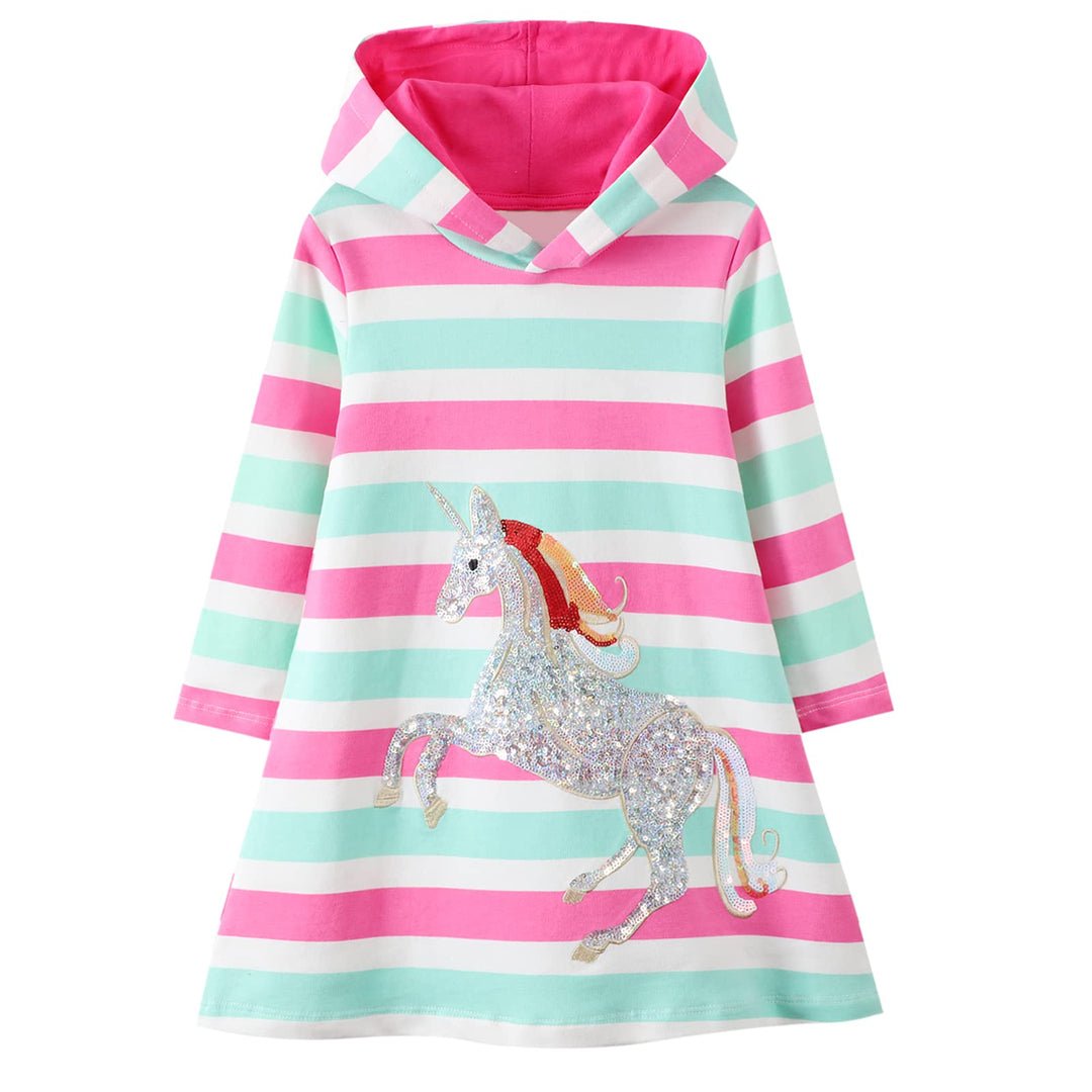 Baogaier Mädchen Kleid Baumwolle Langarm Kapuzenpullover Streifen Blumen Pulloverkleid Kapuze Pullov