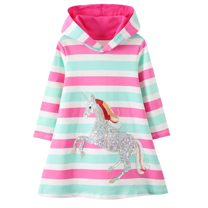 Baogaier Mädchen Kleid Baumwolle Langarm Kapuzenpullover Streifen Blumen Pulloverkleid Kapuze Pullov