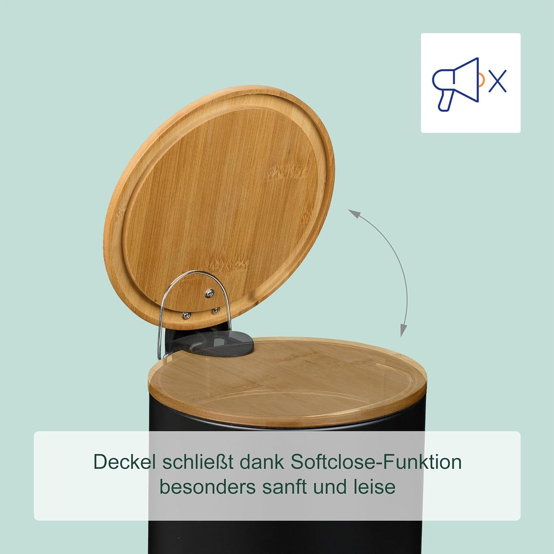 Relaxdays Kosmetikeimer 5 L, Absenkautomatik, Inneneimer entnehmbar, Badmülleimer, Metall, Bambus, M