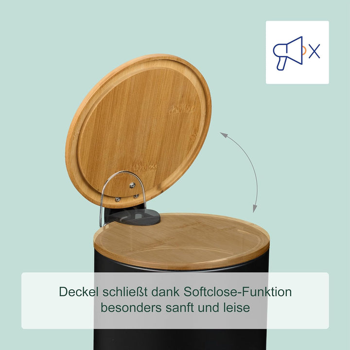 Relaxdays Kosmetikeimer 5 L, Absenkautomatik, Inneneimer entnehmbar, Badmülleimer, Metall, Bambus, M