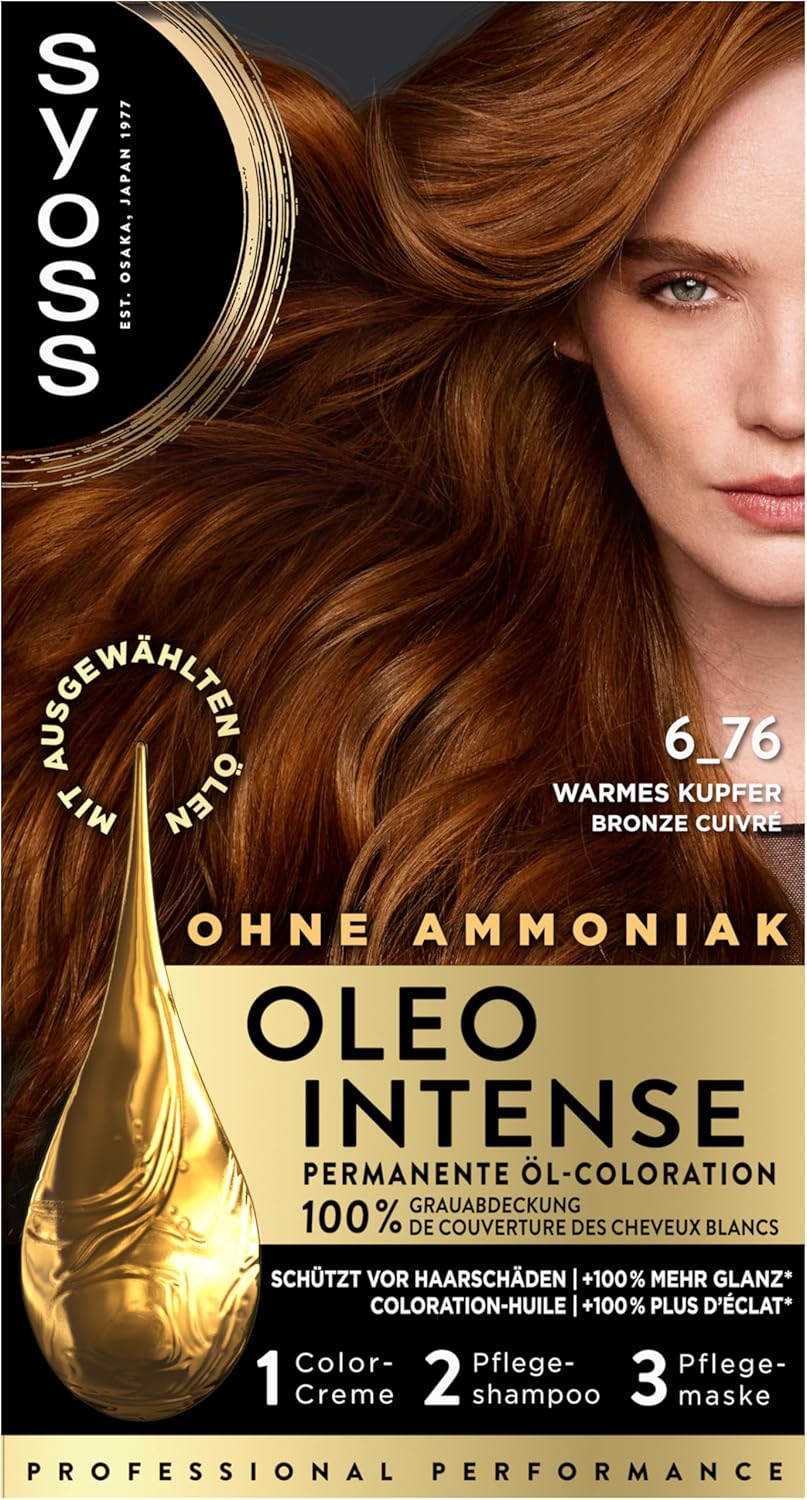 Syoss Oleo Intense Öl-Coloration 6-76 Warmes Kupfer Stufe 3 (115 ml), dauerhafte Haarfarbe mit pfleg
