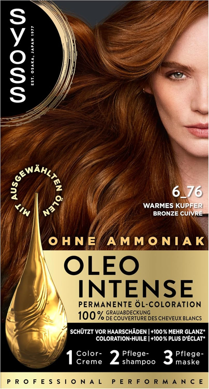 Syoss Oleo Intense Öl-Coloration 6-76 Warmes Kupfer Stufe 3 (115 ml), dauerhafte Haarfarbe mit pfleg