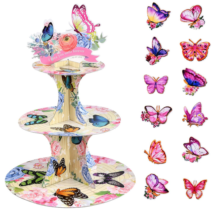 3 Etagen Rosa Schmetterling Ständer, Pappe Kuchenständer mit 12 Stück Schmetterling Tortenaufsatz, D