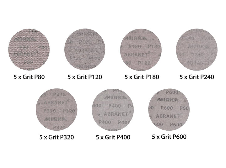 Mirka Abranet Netzschleifscheiben Ø 125 mm Klett / Mix-Pack 5 von jeder Körnung 80, 120, 180, 240, 3
