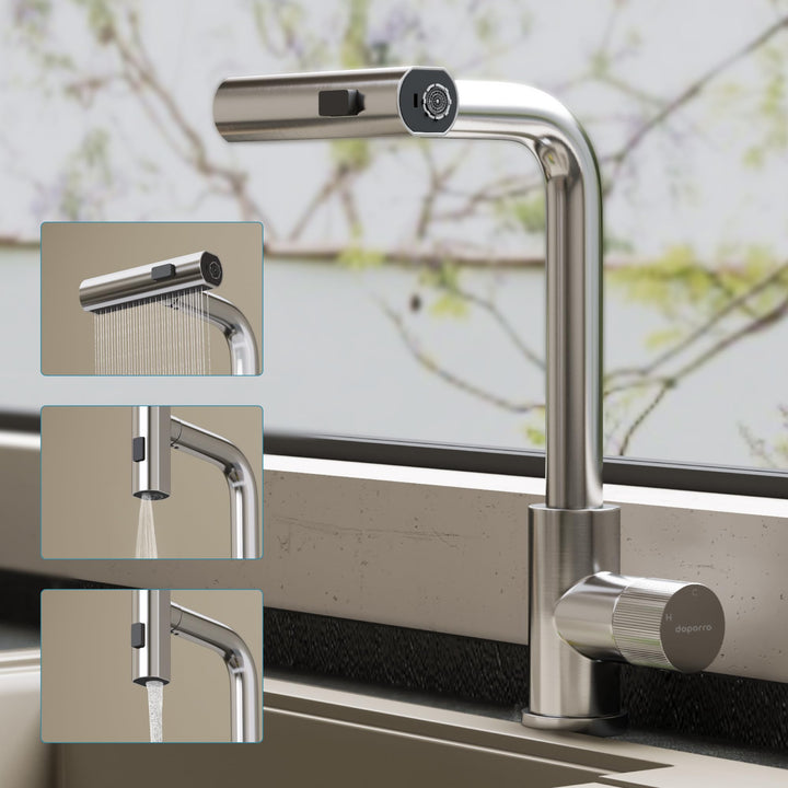 doporro Wasserhahn Küche ausziehbar, Hochdruck Küchenarmatur mit Wasserfall, 3 Strahlarten und Braus
