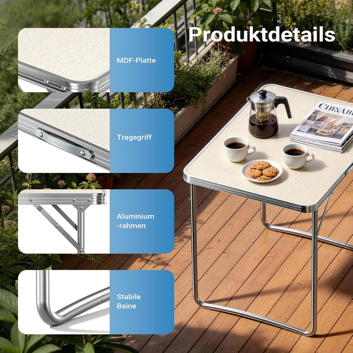 Wiltec Campingtisch klappbar 80x60cm mit weisser Tischplatte aus MDF und Aluminium Rahmen Klapptisch