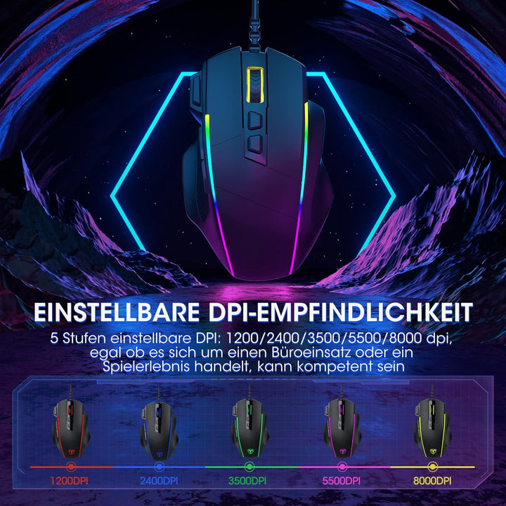 Gaming Maus, Gaming Mouse mit 8 Programmierbare Tasten und Einstellbar 8000 DPI, RGB Beleuchtung PC
