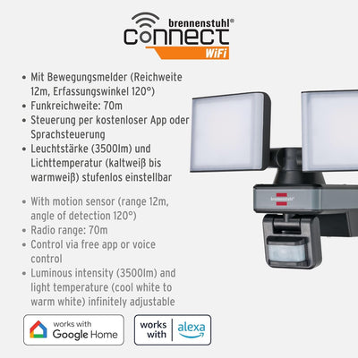 Brennenstuhl Connect WiFi LED Duo Strahler WFD 3050 P (30W, 3500lm, IP54, diverse Lichtfunktionen üb