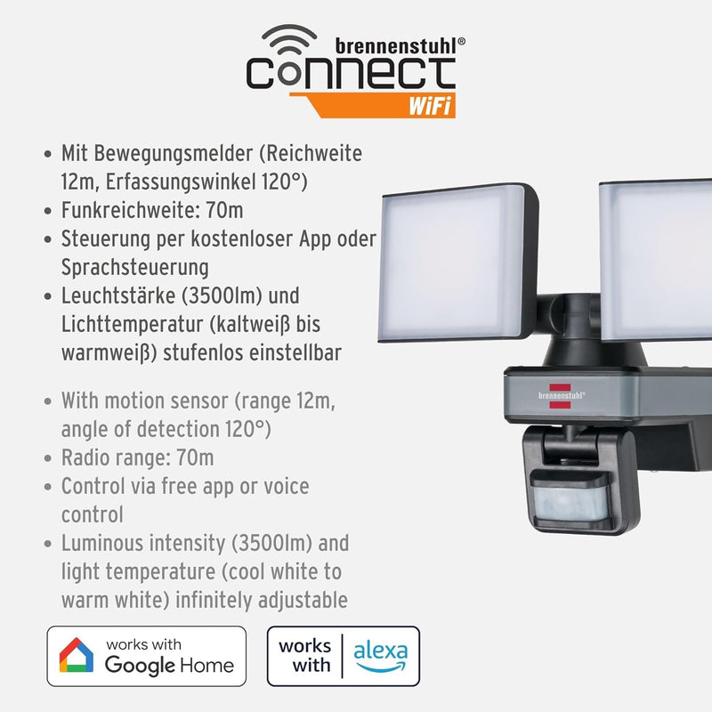 Brennenstuhl Connect WiFi LED Duo Strahler WFD 3050 P (30W, 3500lm, IP54, diverse Lichtfunktionen üb