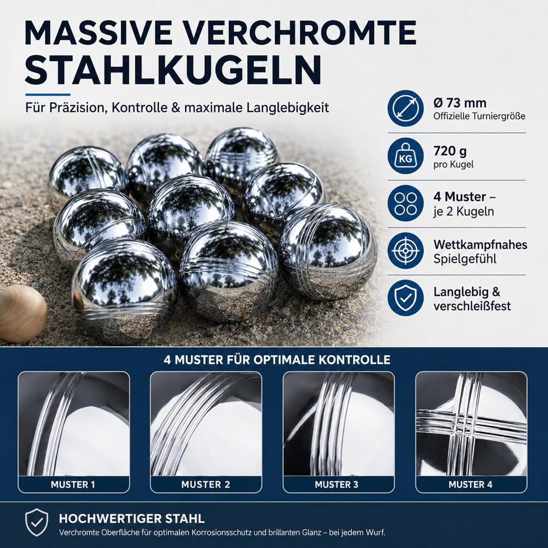 Boule Set, Boccia aus Metall mit Holzkugeln, Messseil, Rollbandmass, Magnet-Kugelsammler & Aufbewahr