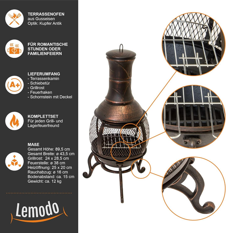 Terrassenofen Gartenkamin mit Grill, Gusseisen, Grillkamin 360° FireView, Funkenschutzgitter, Antik-