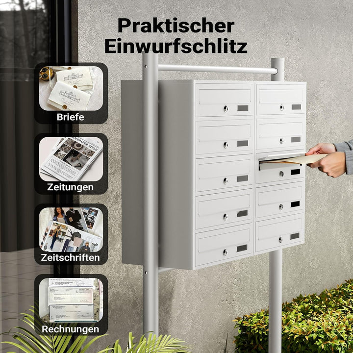 Wiltec 10er Briefkastenanlage weiss 945 x 270 x 1500 mm, Standbriefkasten mit 2x5 Fächern, Schlüssel