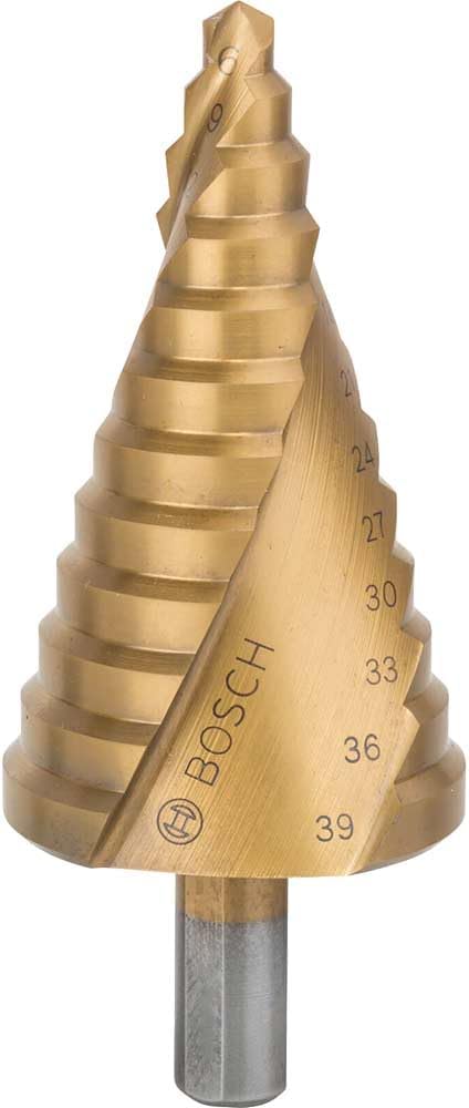 Bosch Professional Stufenbohrer HSS-TiN mit 3-Flächen-Schaft (Ø 6-39 mm, 12 Stufen)