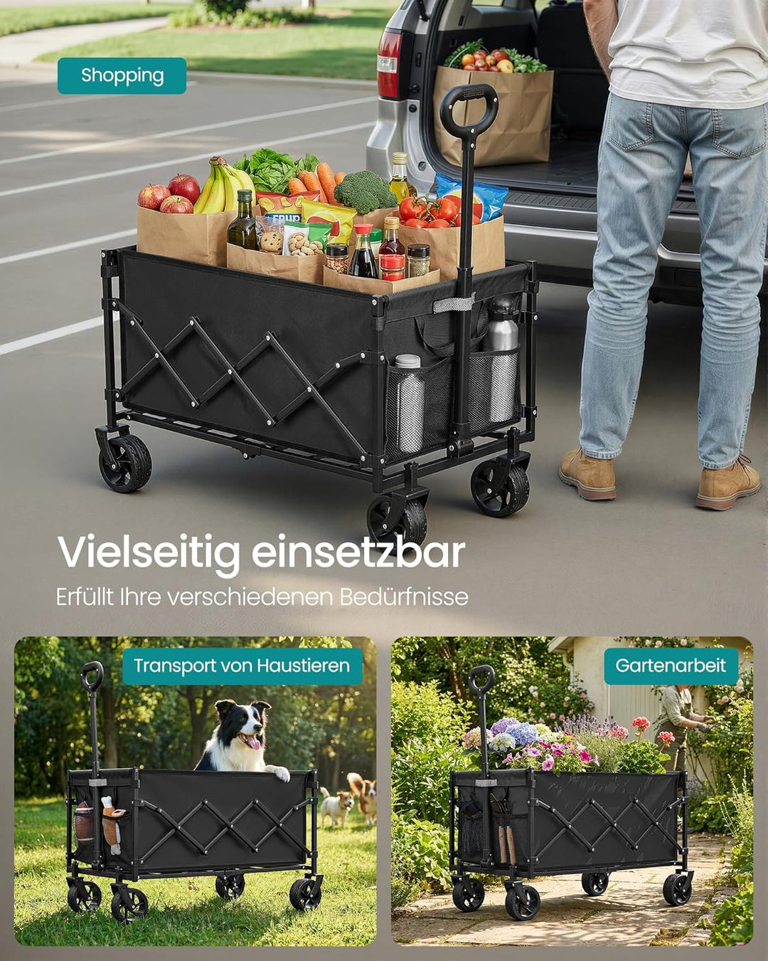 SONGMICS Kleiner Handwagen faltbar, Gartenwagen, kompakt, mit Griff, mit 4 verstärkten Rollen, Davon