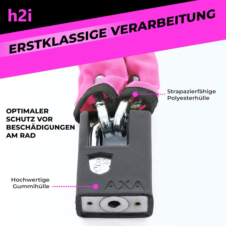 h2i Set aus AXA Kettenschloss Clinch CH85 Plus in Pink und h2i Sticker, Fahrradschloss mit Kette 85c