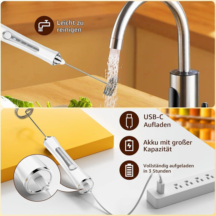NEUTYPECHIC Milchaufschäumer Elektrisch Stab, USB-C Aufladbar Milk Frother, Milchschäumer Stab mit 3