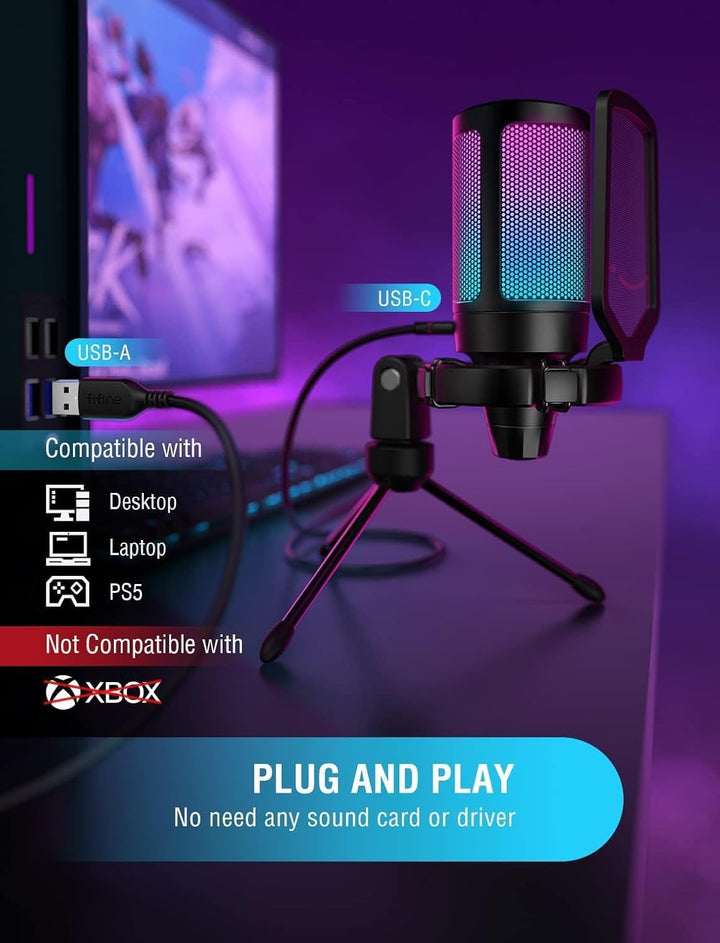 FIFINE Gaming Headset und USB Mikrofon, PC Microphone mit Mikrofon Ständer und Over Ear Kopfhörer mi