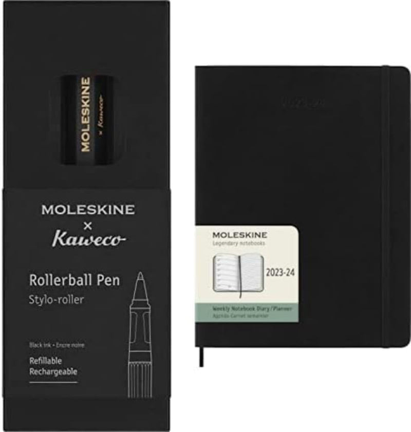 Moleskine x Kaweco Tintenroller, Farbe Schwarz + Wochenplaner 2023-2024,18-Monate-Kalender, Akademis