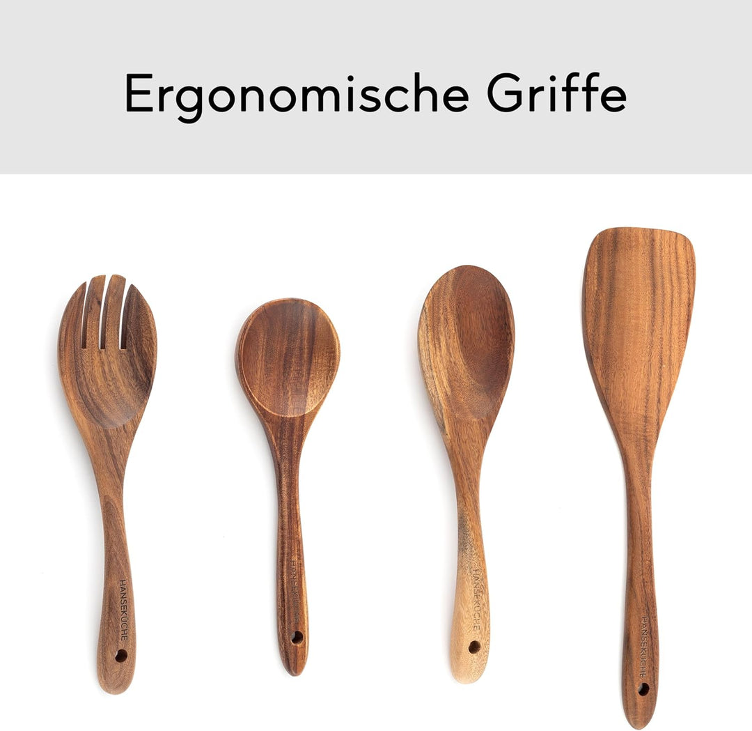 Küchenhelfer Set aus Holz - Grillzange, Schneebesen, Pfannenwender, Holzlöffel und Nudelschöpfer 9 t