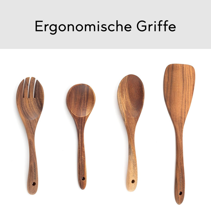 Küchenhelfer Set aus Holz - Grillzange, Schneebesen, Pfannenwender, Holzlöffel und Nudelschöpfer 9 t