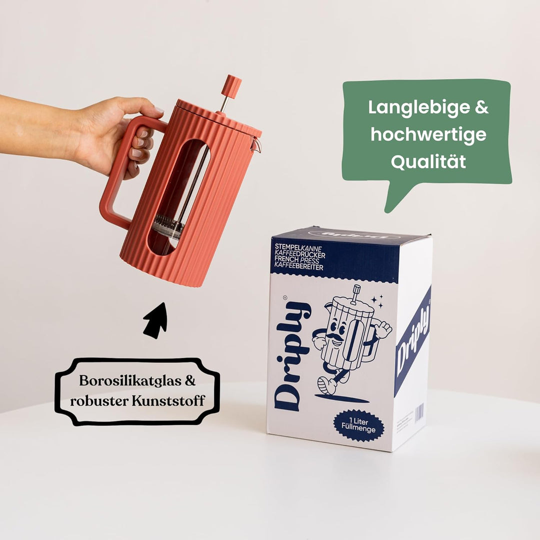 French Press aus Glas – Edelstahlfilter & hitzebeständiges Borosilikatglas – 1000 ml (1L, 1 Liter) –