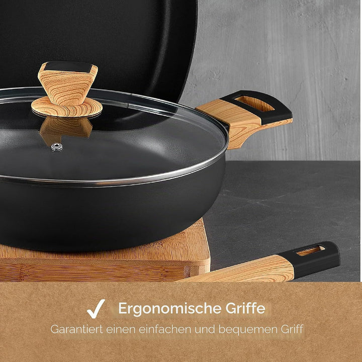 BERGNER Earth Black - Niedriges Kochen 28 cm mit Deckel - aus Aluminium gepresst mit ergonomischen H