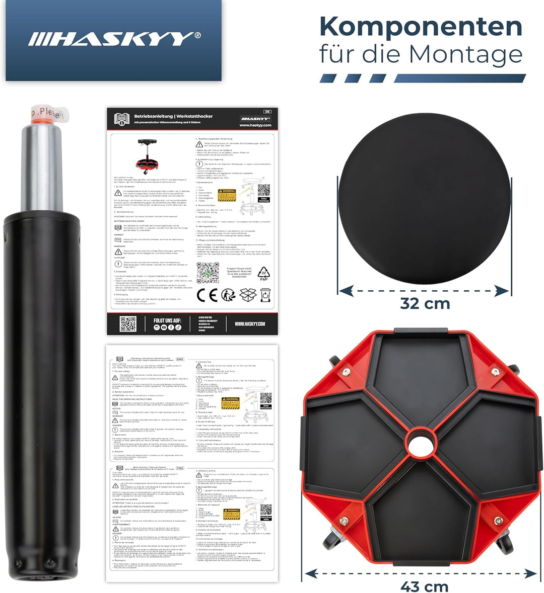 HASKYY Werkstatthocker Arbeitshocker Praxishocker 43-58cm - Bis 150kg belastbar - Gepolsterter Werks
