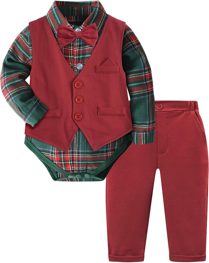 mintgreen Baby Anzug Junge, 3 Stück Formelles Outfit Taufanzug Gentleman Smoking Shirt & Weste + Hos
