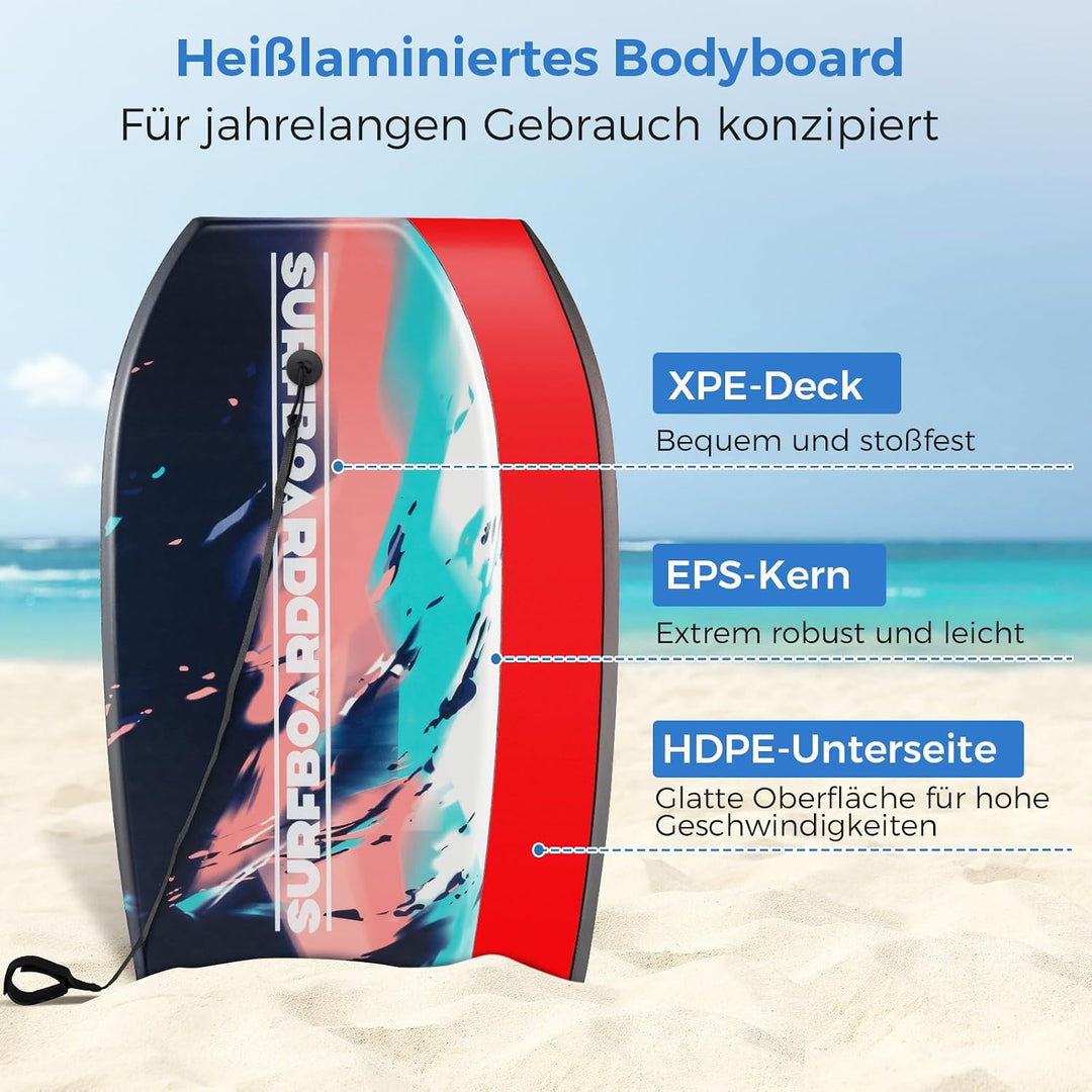 COSTWAY Bodyboard für Kinder, Surfbrett mit EPS-Kern, XPE-Deck, HDPE-Unterseite &amp; Handgelenkschlaufe
