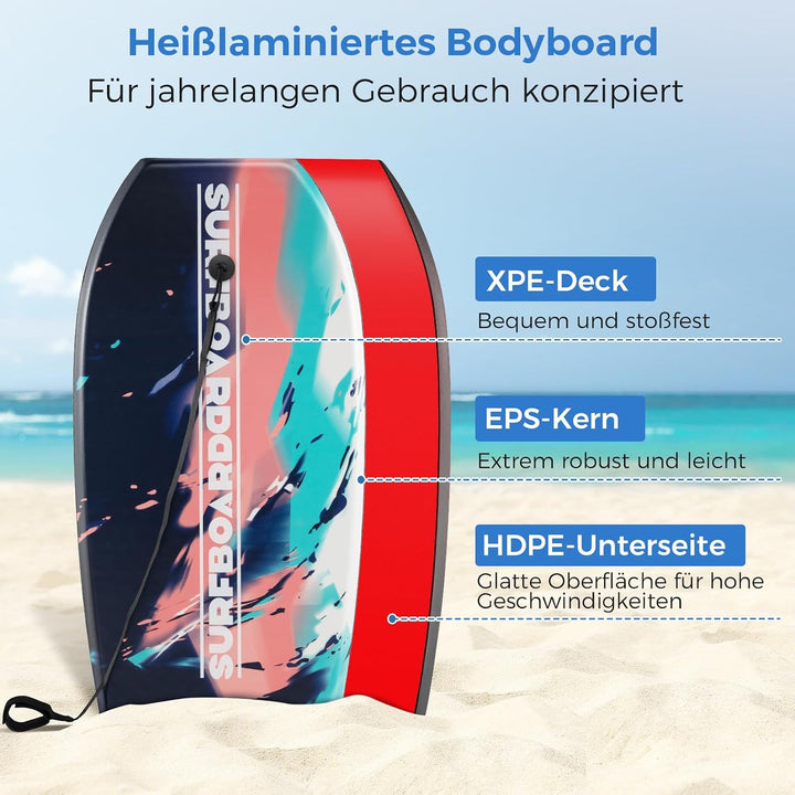 COSTWAY Bodyboard für Kinder, Surfbrett mit EPS-Kern, XPE-Deck, HDPE-Unterseite &amp; Handgelenkschlaufe
