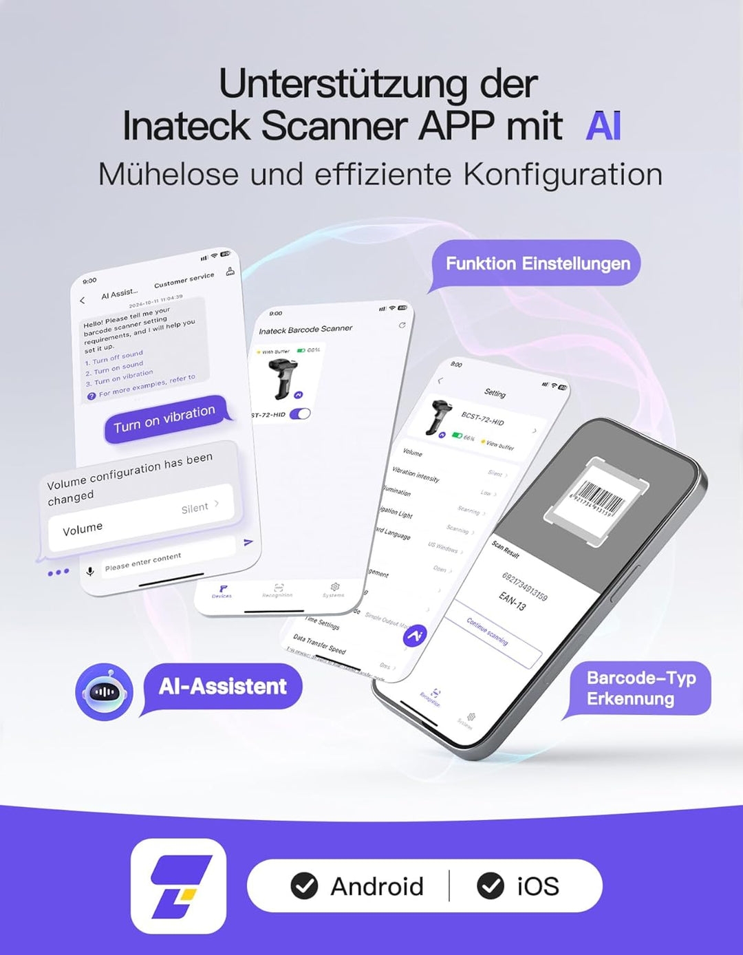 Inateck Barcode Scanner 2D Bluetooth, Kabellose QR Code Scanner, Wireless Handscanner mit AI APP &amp; S