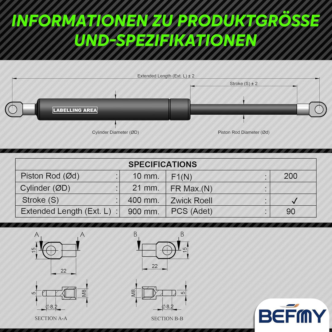 Gasdruckfeder Schwarz 250-900mm | Universal Gasdruckdämpfer 200N-900N | Robuste Konstruktion mit Öse