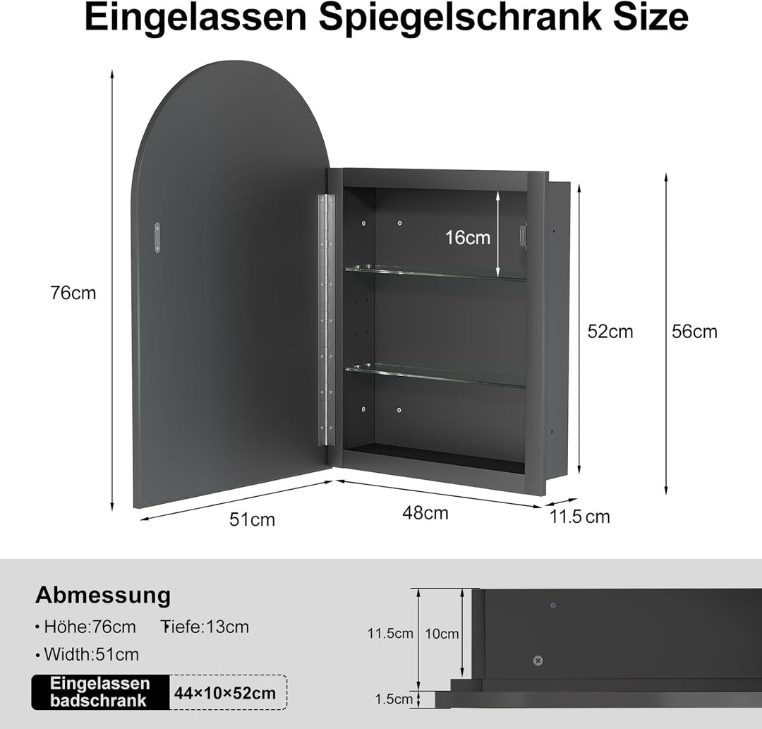 Spiegelschrank Bogen, Badezimmer Spiegelschrank Bogen, Badspiegel Schwarz mit Schrank, Eingelassen o