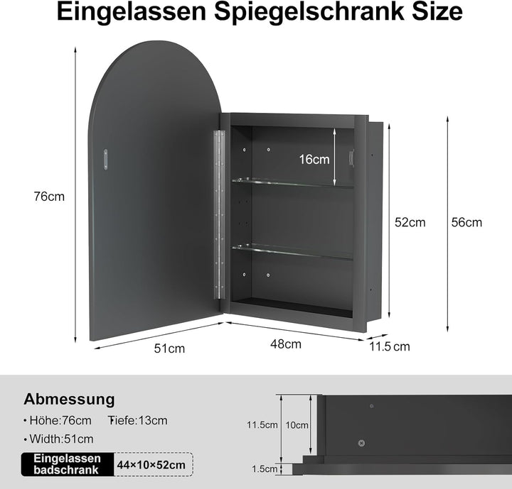 Spiegelschrank Bogen, Badezimmer Spiegelschrank Bogen, Badspiegel Schwarz mit Schrank, Eingelassen o