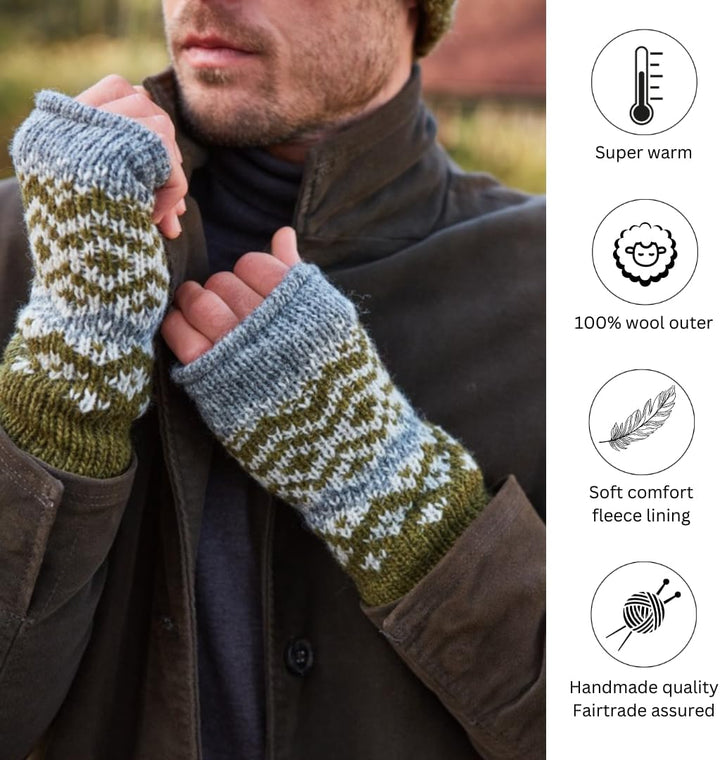 Pachamama Herren-Handwärmer aus Wolle, mit Fleece gefüttert, handgestrickt, Fairisle, Einheitsgrösse