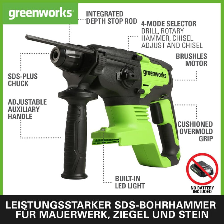 Greenworks GD24SDS2 Akku Bohrhammer SDS mit bürstenlosem Motor, 0-1000 U/min, 0-4500ipm, 2 Joule Sch