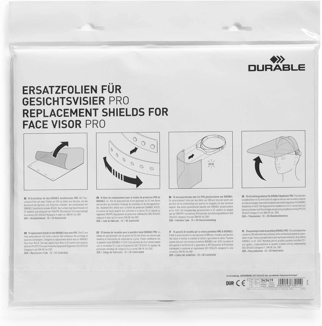 Durable Ersatzfolien für Gesichtsvisier 343310, mit Druckknöpfen, desinfizierbar, Made in EU, 10 Stü
