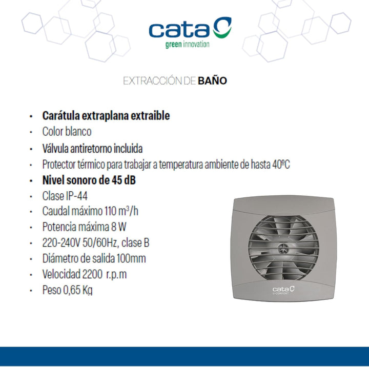Cata UC-10 Standard Turbine Ø 100 WC Bad-Lüfter 110 m³/h 26 dB (A) Decken Wandmontage (grau/Silber)