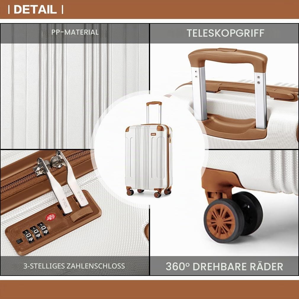 KONO Trolley Handgepäck Koffer 55x35x20cm Rollkoffer Reisekoffer mit 4 Rollen und Schloss (Cremeweis