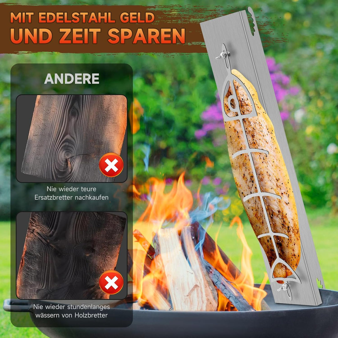 Flammlachsbrett Edelstahl, Flammlachsbrett für Feuerschale und Kugelgrill, 52 x 11.5 cm, 180° drehba