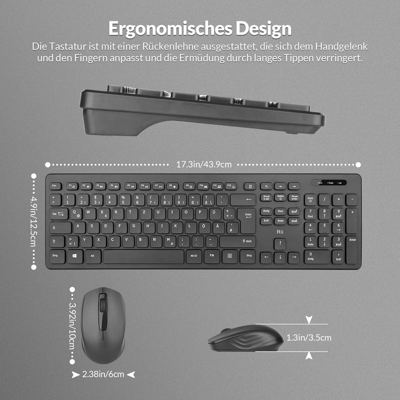 Rii Tastatur Maus Set kabellos, Funktastatur mit Maus, Wireless Keyboard and Mouse, Für PC/Laptop/Wi