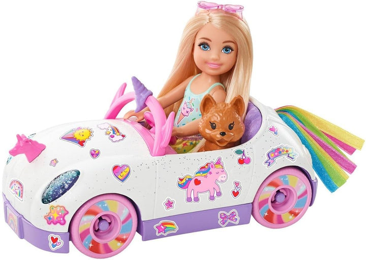 Barbie-Serie Chelsea, Chelsea-Puppe mit Einhorn-Auto, Welpe und Aufklebern, mit Räder, Puppe Chelsea