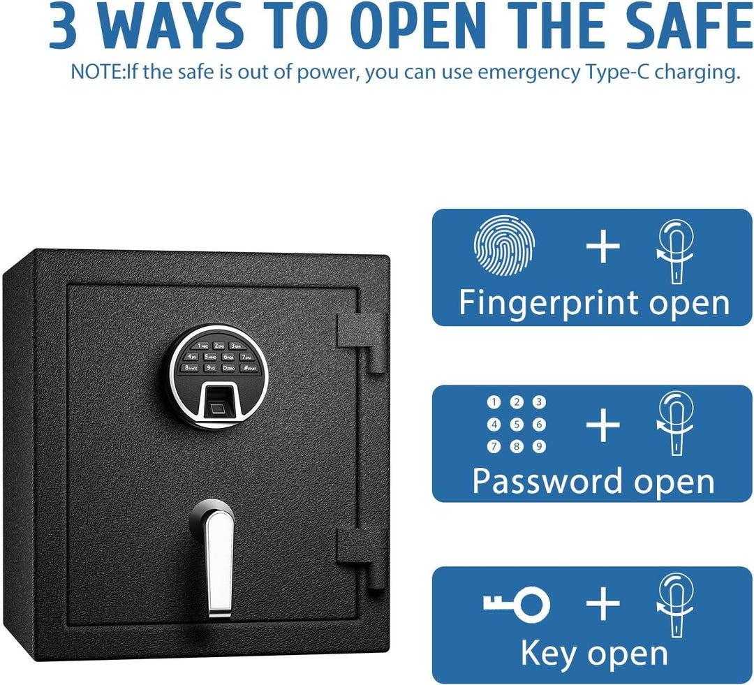 WASJOYE Biometrischer Feuerfester Tresor, Fingerabdruck Möbeltresore mit Digitale Tastatur und Typ-C