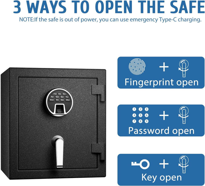 WASJOYE Biometrischer Feuerfester Tresor, Fingerabdruck Möbeltresore mit Digitale Tastatur und Typ-C
