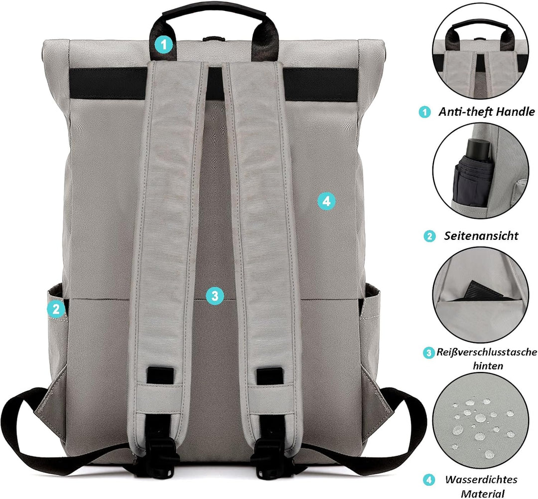 TANTOMI Rucksack Damen Herren, Rucksack Laptop Tasche 15,6 Zoll, Laptop Rucksack Damen Herren weit ö